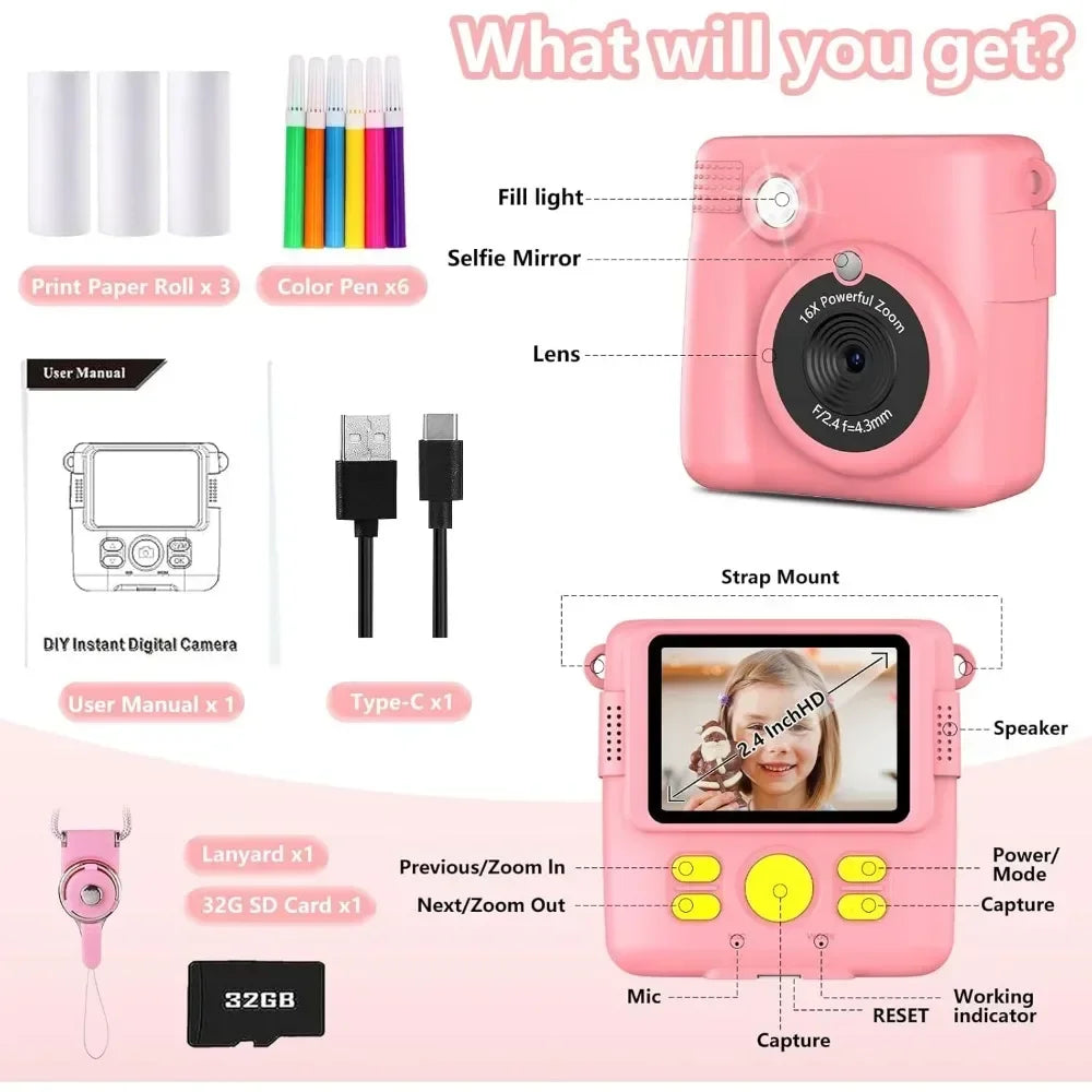 📸 Appareil Photo Instantané Enfant - 1080P HD, Impression DIY & Jeux -